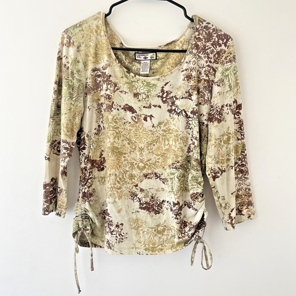Y2K Ruched Top‎ Womens M Earthy Floral Fairy Grunge Tattoo Print Stretch Tee